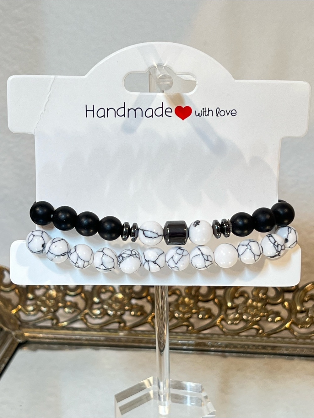 ☀️2/$20 NEW Handmade Black Obsidian & Marbled Howlite Beaded Stretch Bracelets